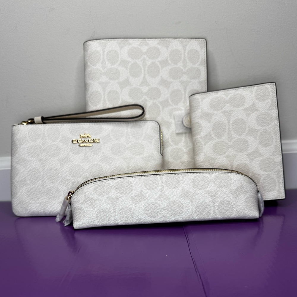 NEW Coach Signature Canvas White Notebook, Passport, Pencil Case, Wristlet Set